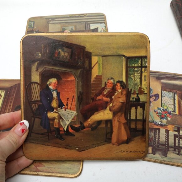 Vintage Win-El-Ware English Large Coasters Victorian Crinoline Pub x 6 with Case - Picture 8 of 14